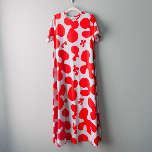 Marimekko - Bold Print - Long T Shirt Dress - Red & Light Blue - Size Large - Picture 1 of 8